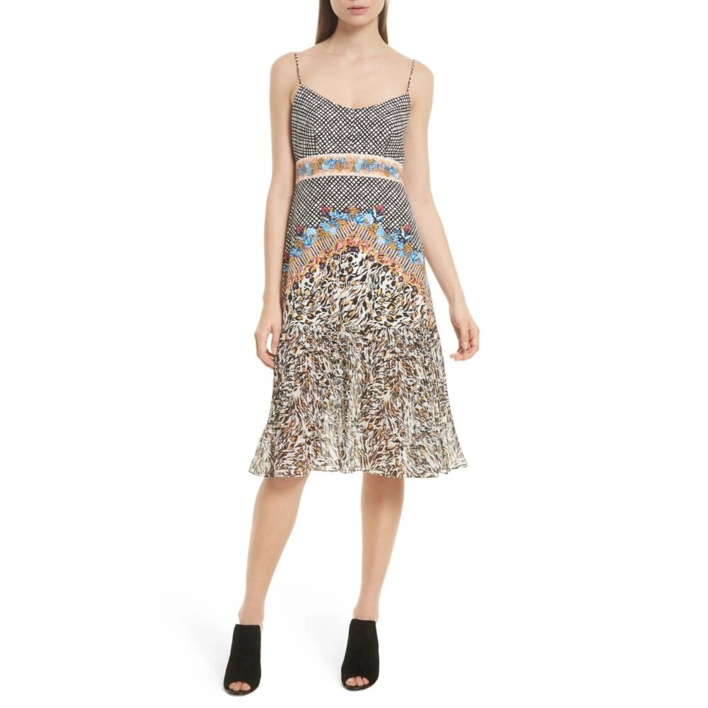 Saloni Floral Leopard Print Silk Veronica Slip Dress, Size 6